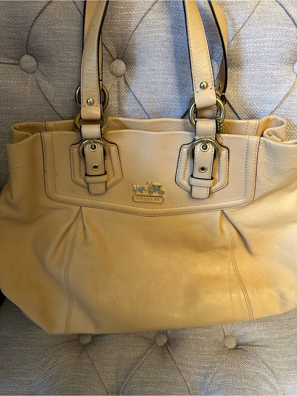 Coach Leather Shoulder Tote in Beige with Gold Hardware